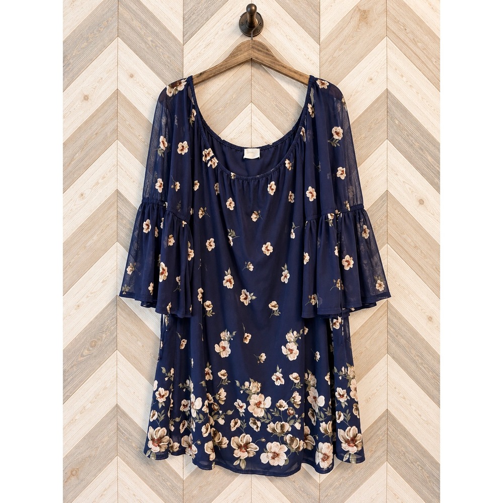 Siren Lily Floral Mesh Bell Sleeve Boho Mini Dress Navy Blue M NWOT